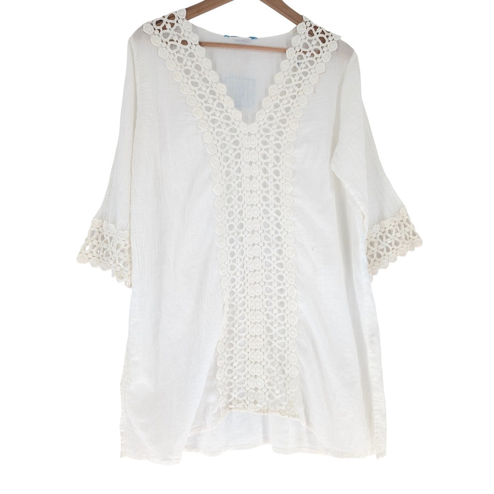 Blue Island Beach Cover Women XL White NEW Cotton Crochet Lace Gauze Boho